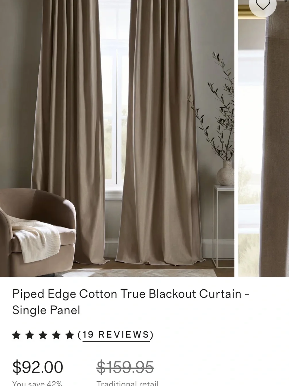 Quince 48x108 blackout piped edge curtain